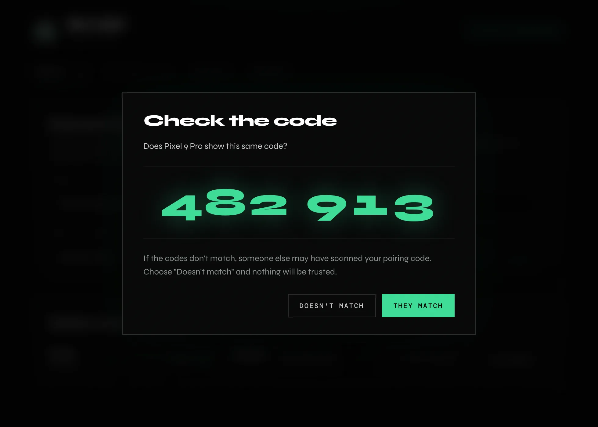 Pairing: both devices show the same six-digit code