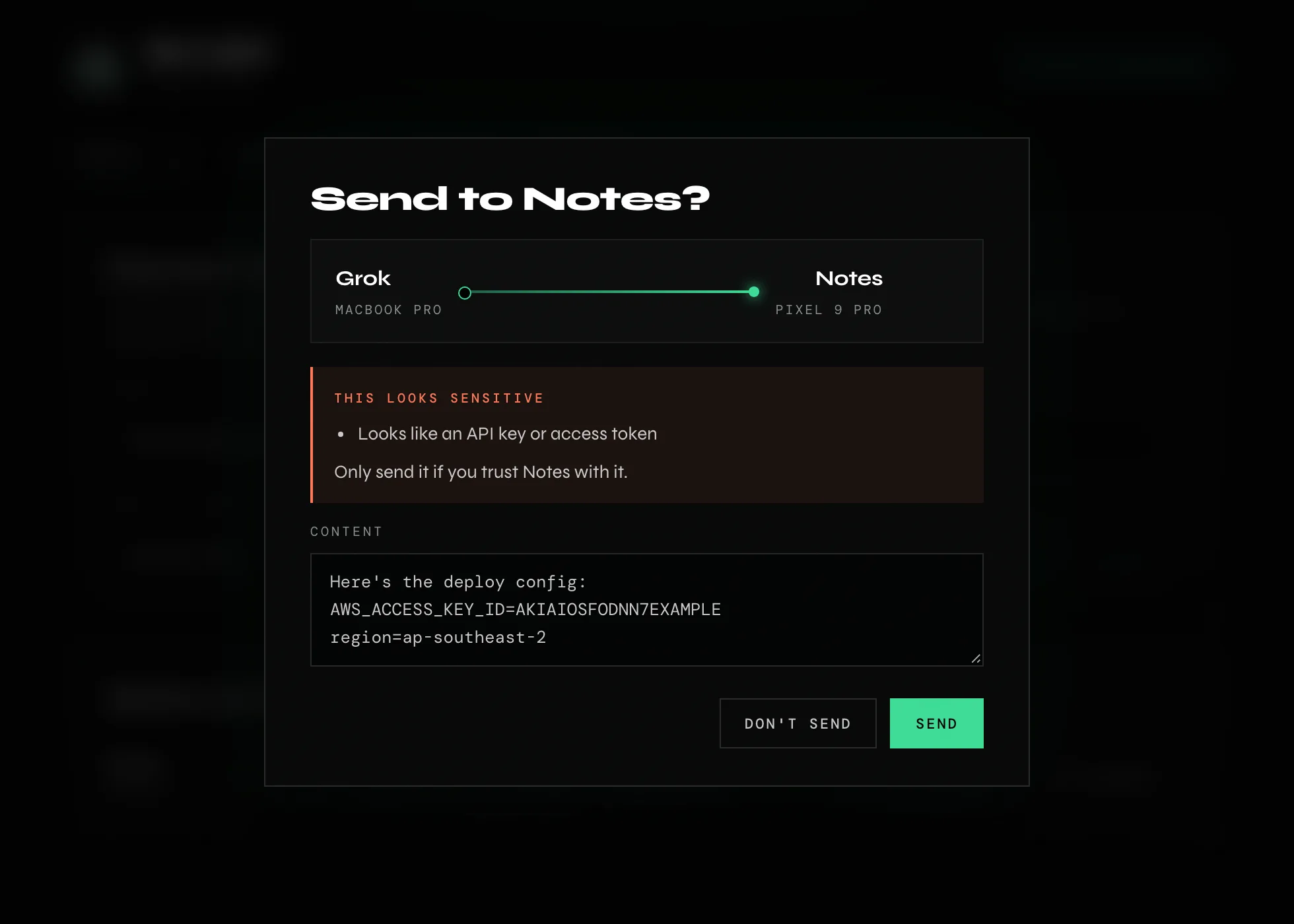 A transfer prompt warning that the content looks like an API key